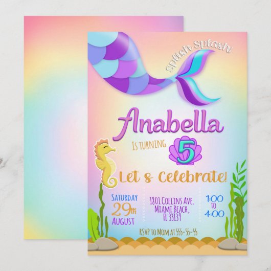 Kleine Mermaid-uitnodiging, Mermaid-uitnodiging, Kaart (Voorkant / Achterkant)