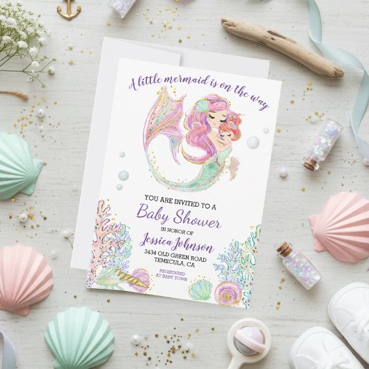 Kleine Mermaid Waterverf Baby shower Kaart