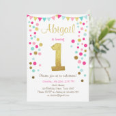 Kleine mest met roze goudmunt verjaardagsuitnodigi kaart (Staand voorkant)