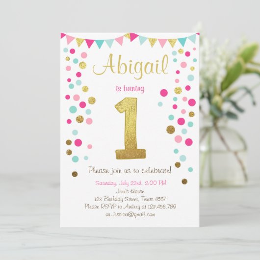 Kleine mest met roze goudmunt verjaardagsuitnodigi kaart (Staand voorkant)