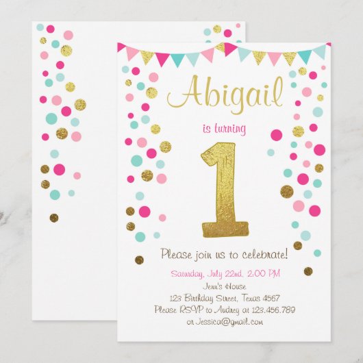 Kleine mest met roze goudmunt verjaardagsuitnodigi kaart (Voorkant / Achterkant)