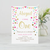 Kleine mest met roze goudmunt verjaardagsuitnodigi kaart (Staand voorkant)