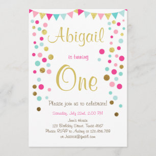 Kleine mest met roze goudmunt verjaardagsuitnodigi kaart