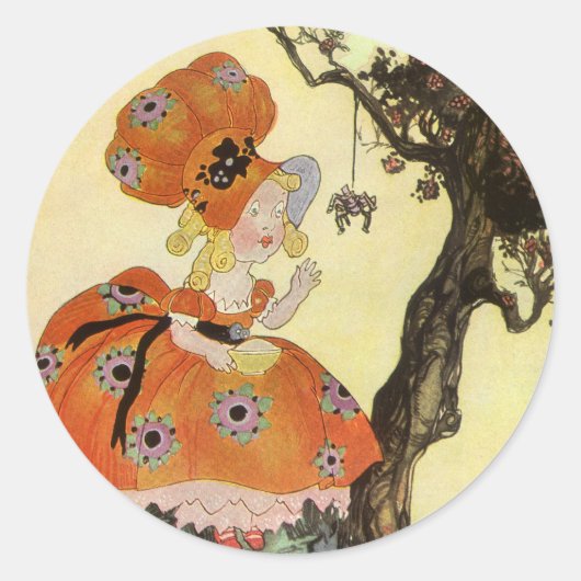 Kleine Mevrouw Muffet & Spin, Vintage Mother Goose Ronde Sticker (Voorkant)