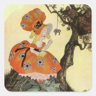 Kleine Mevrouw Muffet & Spin, Vintage Mother Goose Vierkante Sticker