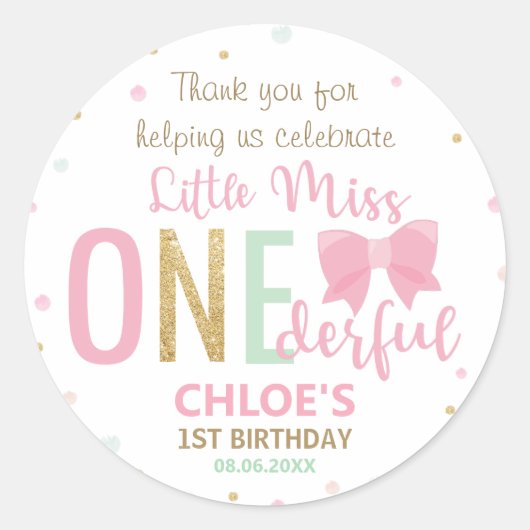 Kleine Miss Onederful 1e Verjaardag EEN strik Ronde Sticker (Voorkant)