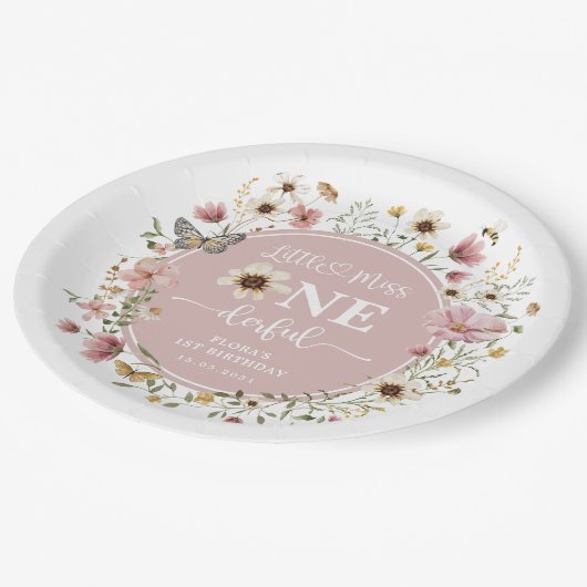 Kleine Miss ONEderful Blush Wildflower Verjaardag Papieren Bordje (Gekanteld)