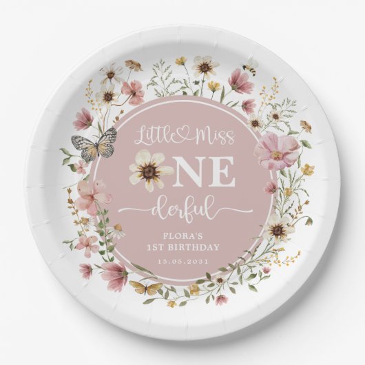 Kleine Miss ONEderful Blush Wildflower Verjaardag Papieren Bordje (Voorkant)