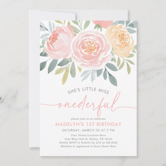 Kleine Miss Onederful Floral 1e Verjaardag Kaart (Voorkant)