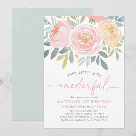 Kleine Miss Onederful Floral 1e Verjaardag Kaart (Voorkant / Achterkant)