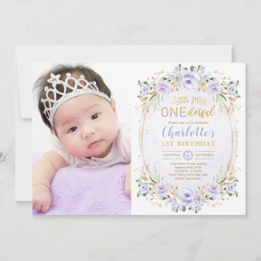 Kleine Miss ONEderful Paars Gold Floral Birthday Kaart (Voorkant)