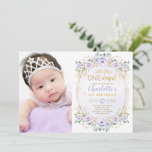 Kleine Miss ONEderful Paars Gold Floral Birthday Kaart (Staand voorkant)