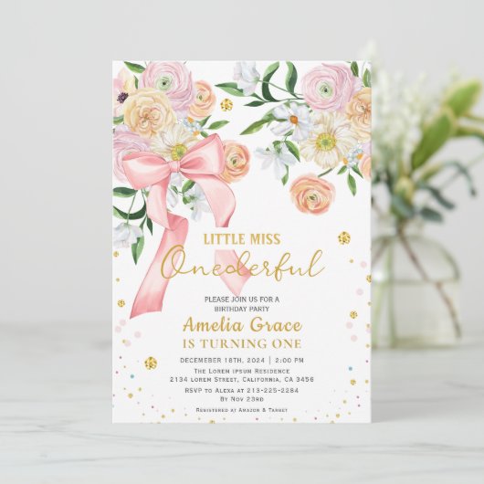 Kleine Miss Onederful Perzik Meisje 1e verjaardag Kaart (Staand voorkant)