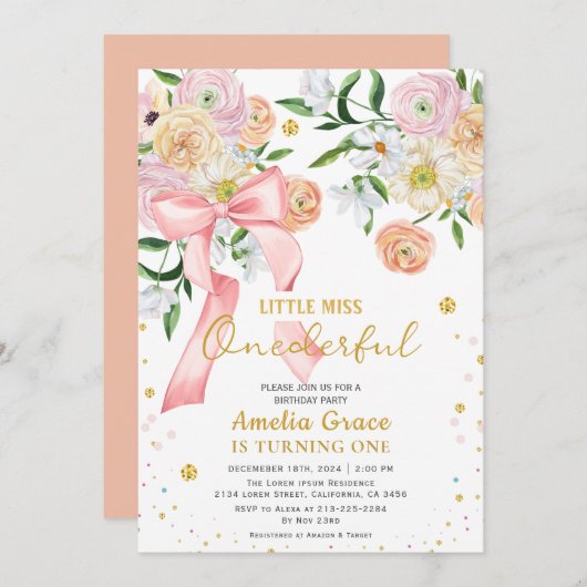 Kleine Miss Onederful Perzik Meisje 1e verjaardag Kaart (Voorkant / Achterkant)