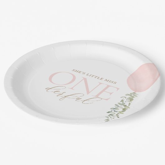 Kleine Miss Onederful roze ballon verjaardag Papieren Bordje (Gekanteld)