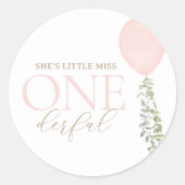 Kleine Miss Onederful roze ballon verjaardag Ronde Sticker (Voorkant)