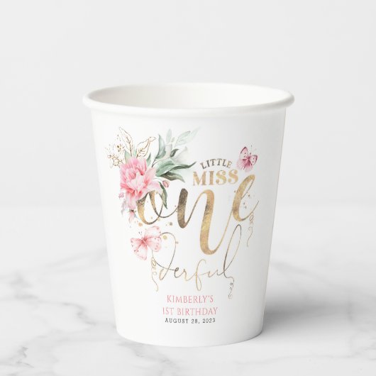 Kleine Miss Onederful Schattigee Bloemen 1e Verjaa Papieren Bekers (Achterkant)