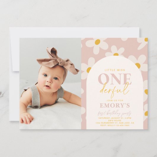 Kleine Miss Onederful uitnodiging | Retrobloem (Voorkant)