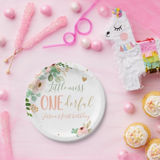 Kleine Miss Onederful Verjaardag Roze Meisje Bloem Papieren Bordje (Feest)