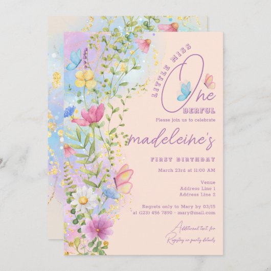 Kleine Miss ONEderful Wildflower 1e Verjaardag Kaart (Voorkant / Achterkant)