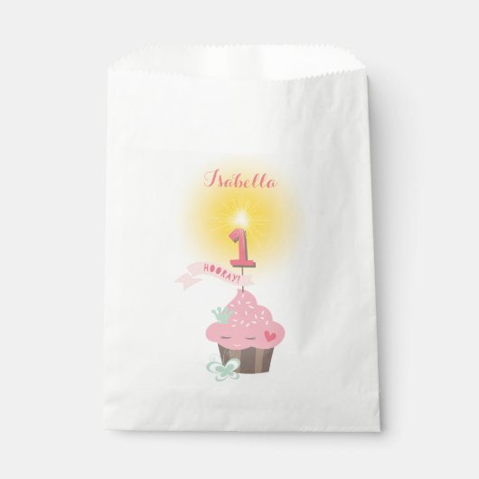 Kleine Miss Pink Cupcake Baby Girl's 1e Verjaardag Bedankzakje (Voorkant)