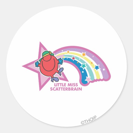 Kleine Miss Scatterbrain | Regenboog en sterren Ronde Sticker (Voorkant)