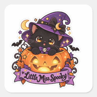 Kleine Miss Spooky Schattige Zwarte Kat en Pompoen Vierkante Sticker