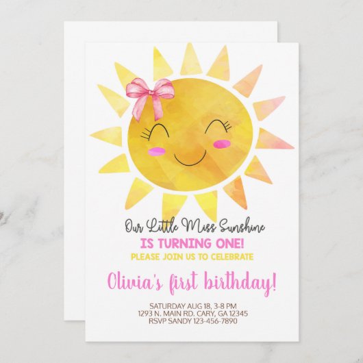 Kleine Miss Sunshine-meisjesverjaardagsuitnodiging Kaart (Voorkant / Achterkant)