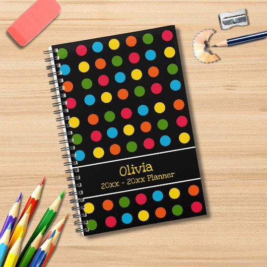 Kleine moderne zwarte veelkleurige polka dot planner