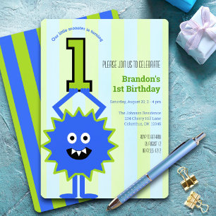 Kleine Monster 1e Verjaardag Jongen Blauw Groen St Kaart