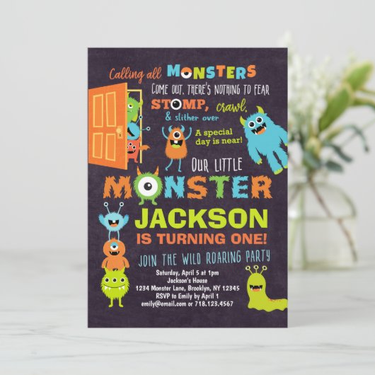 Kleine Monster 1e Verjaardag Uitnodiging Jongens (Staand voorkant)