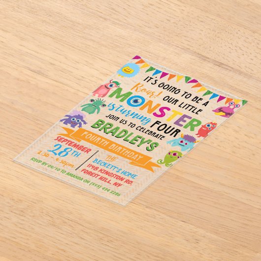 Kleine Monster 4e verjaardag Acryl Uitnodigingen (Laagn)
