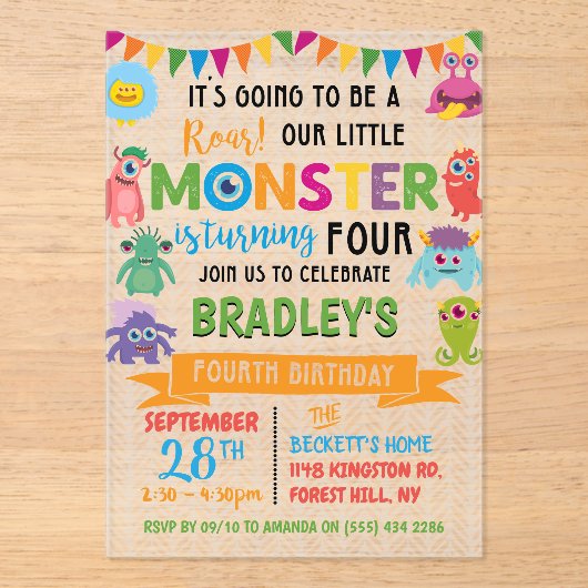 Kleine Monster 4e verjaardag Acryl Uitnodigingen (Voorkant)