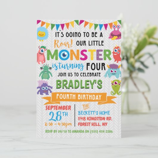 Kleine Monster 4e verjaardag Kaart (Staand voorkant)