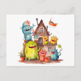 Kleine Monster bauen ein Haus. Einweihungsparty. Briefkaart