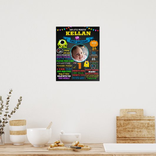 Kleine Monster Eerste verjaardagskalkbord Poster (Keuken)