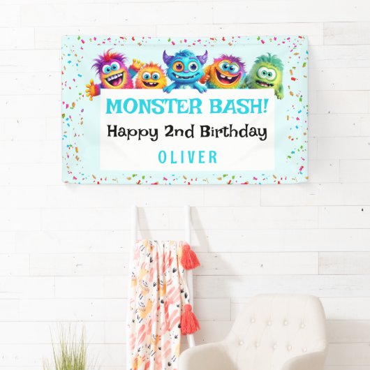 Kleine Monster Jongen Kleurrijke Verjaardagsbanner Spandoek (Insitu)