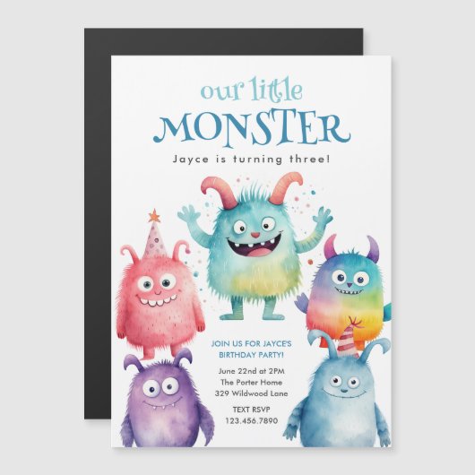 Kleine Monster Kids Verjaardagsfeestje Magnetische Uitnodiging (Voorkant / Achterkant)
