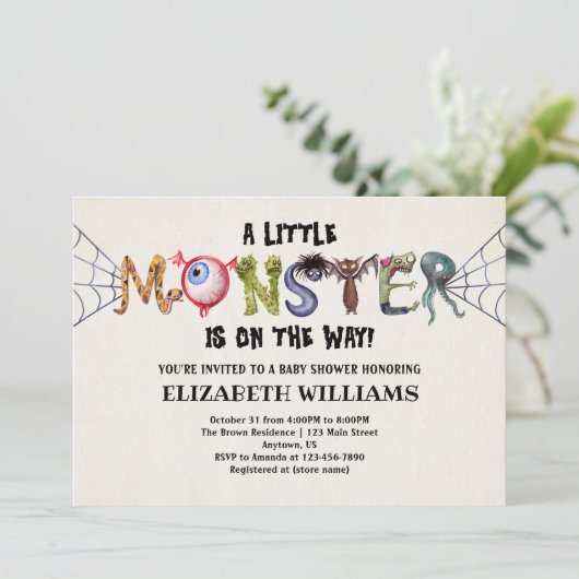 Kleine Monster op weg naar Halloween Baby shower Kaart (Staand voorkant)