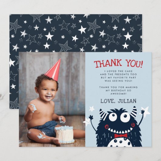 Kleine Monster | Platte fotokaart voor bedankt (Voorkant / Achterkant)
