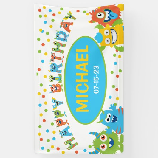 Kleine monster thema verjaardagsfeest spandoek (Verticaal)