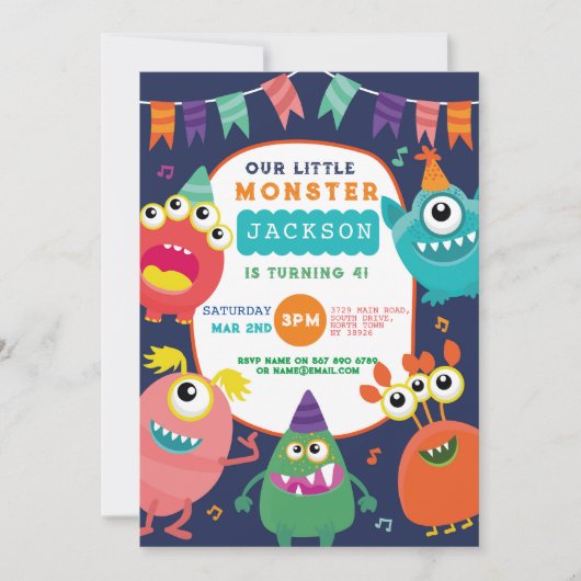 Kleine Monster Verjaardag Leuk Meisje Jongens Invi Kaart (Voorkant)