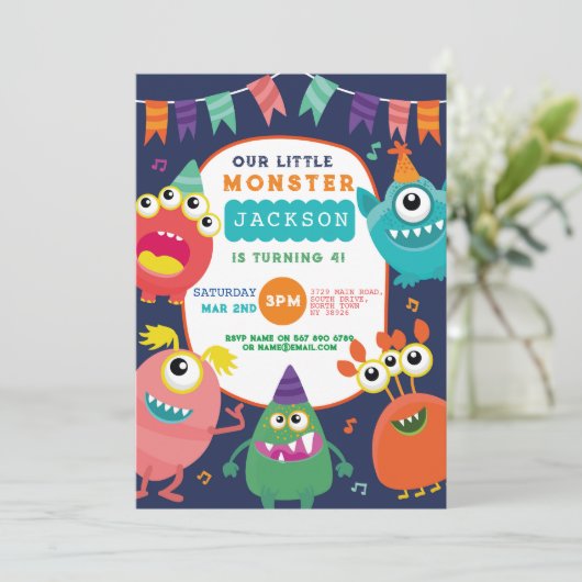 Kleine Monster Verjaardag Leuk Meisje Jongens Invi Kaart (Staand voorkant)