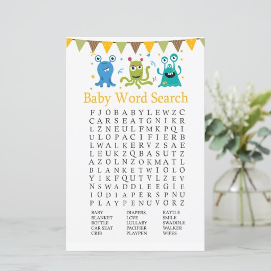 Kleine monsters Baby shower Word Search Game (Staand voorkant)