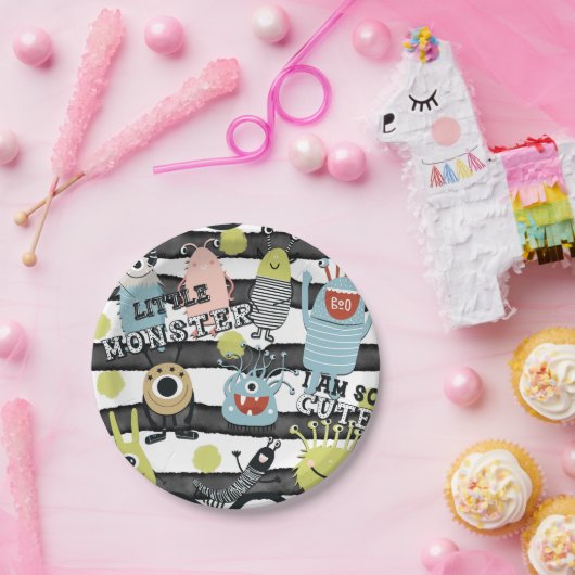 Kleine monsters Moderne grafische Waterverf Stripe Papieren Bordje (Feest)