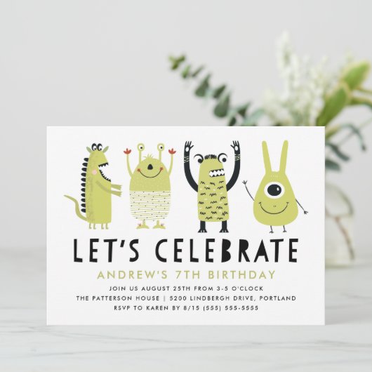 Kleine Monsters | Uitnodiging van de partij Birthd (Staand voorkant)