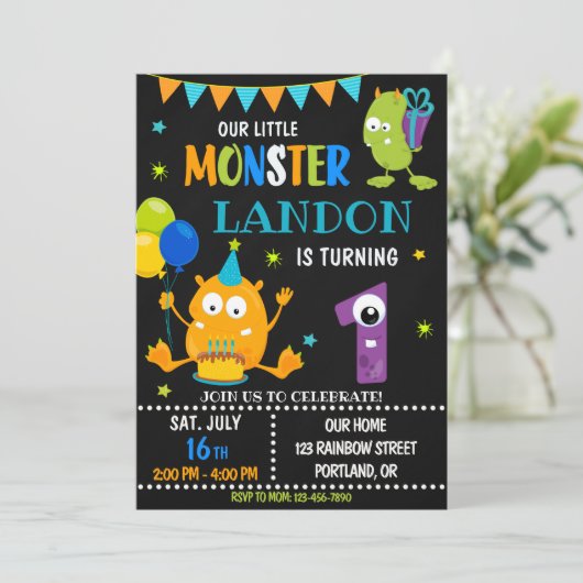Kleine monsterverjaardagsuitnodiging voor jongen kaart (Staand voorkant)