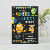 Kleine monsterverjaardagsuitnodiging voor jongen kaart (Staand voorkant)