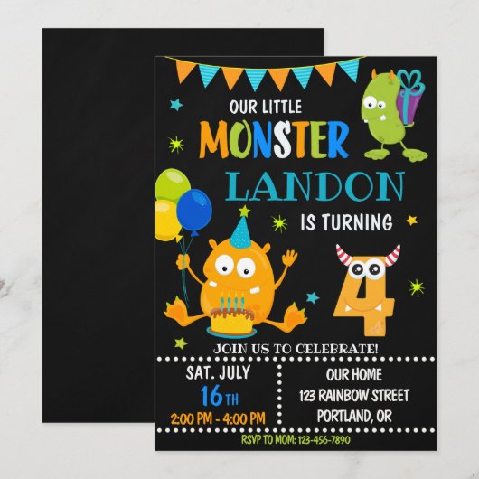 Kleine monsterverjaardagsuitnodiging voor jongen kaart (Voorkant / Achterkant)