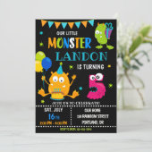 Kleine monsterverjaardagsuitnodiging voor jongen kaart (Staand voorkant)